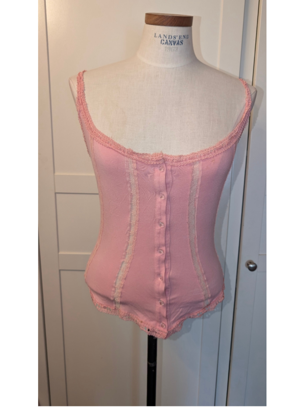 Vintage Betsey Johnson Pink Lace Trim Button-Front Camisole Size M